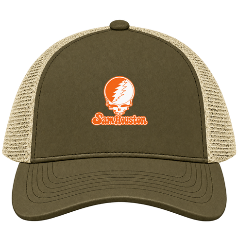 Sam Houston Stealie Premium Unisex Trucker Cap — Design: Sam Houston State University — Moss/Khaki