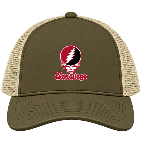 San Diego Stealie Premium Unisex Trucker Cap — Design: San Diego State University — Moss/Khaki