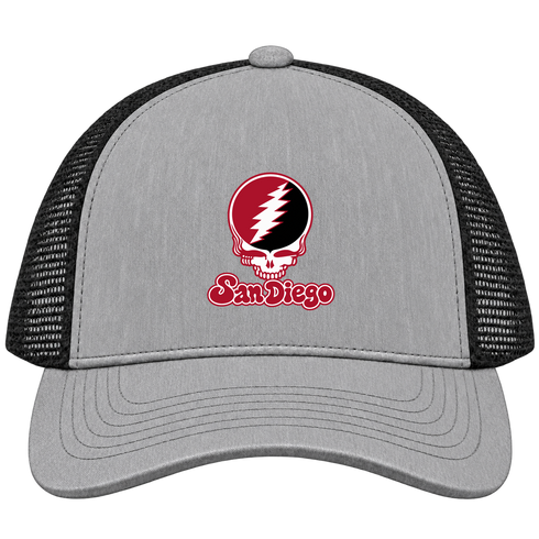 San Diego Stealie Premium Unisex Trucker Cap — Design: San Diego State University — Heather Grey/Black