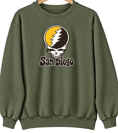 San Diego Baseball Stealie Grateful Dead Crewneck — San Diego Padres — Military Green