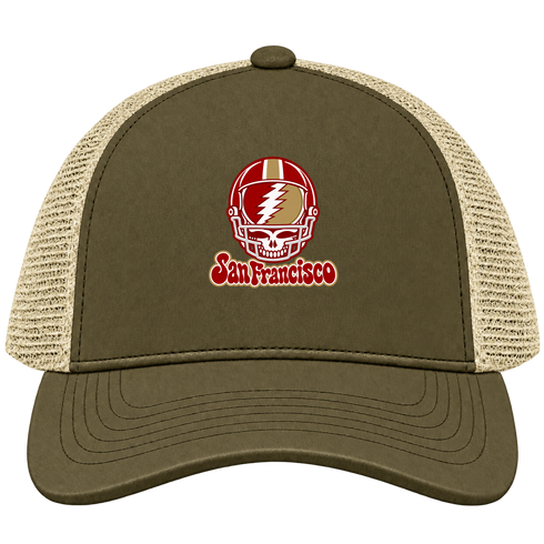 San Francisco Helmet Stealie Premium Unisex Trucker Cap — San Francisco 49ers — Moss/Khaki