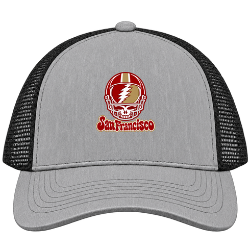 San Francisco Helmet Stealie Premium Unisex Trucker Cap — San Francisco 49ers — Heather Grey/Black