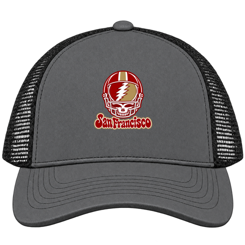 San Francisco Helmet Stealie Premium Unisex Trucker Cap — San Francisco 49ers — Charcoal/Black