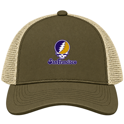 San Francisco Stealie Premium Unisex Trucker Cap — Design: San Francisco State University — Moss/Khaki