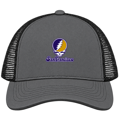 San Francisco Stealie Premium Unisex Trucker Cap — Design: San Francisco State University — Charcoal/Black