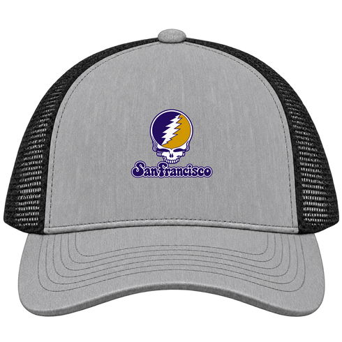 San Francisco Stealie Premium Unisex Trucker Cap — Design: San Francisco State University — Heather Grey/Black