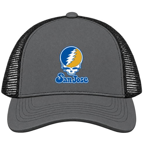 San Jose Stealie Premium Unisex Trucker Cap — Design: San Jose State University — Charcoal/Black