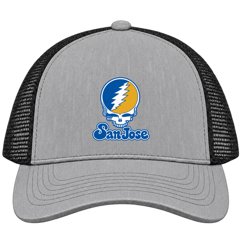 San Jose Stealie Premium Unisex Trucker Cap — Design: San Jose State University — Heather Grey/Black