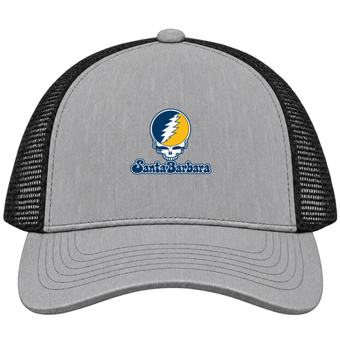 Santa Barbara Stealie Premium Unisex Trucker Cap — Design: California Santa Barbara University of — Heather Grey/Black