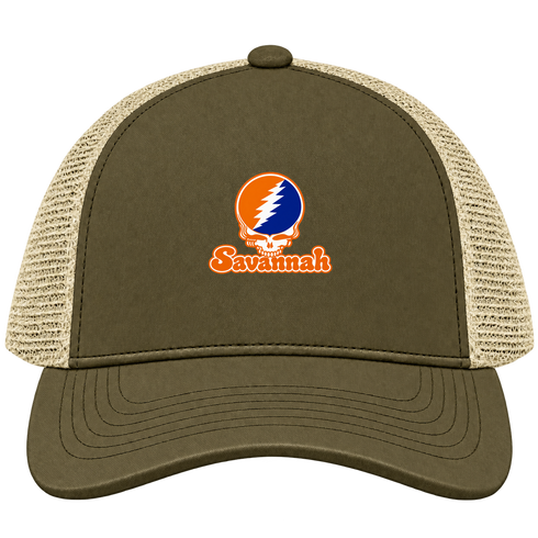 Savannah Stealie Premium Unisex Trucker Cap — Design: Savannah State University — Moss/Khaki