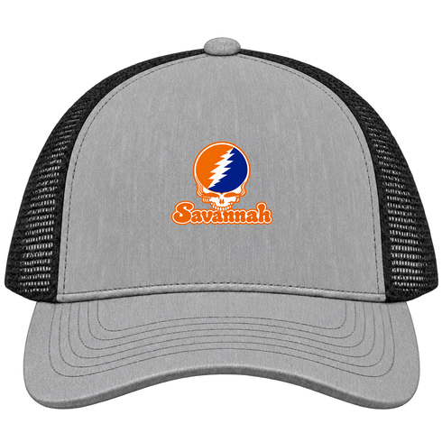 Savannah Stealie Premium Unisex Trucker Cap — Design: Savannah State University — Heather Grey/Black
