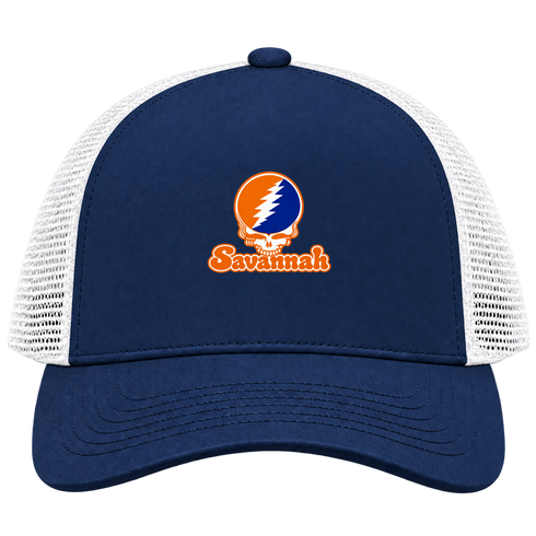 Savannah Stealie Premium Unisex Trucker Cap — Design: Savannah State University — Navy/White