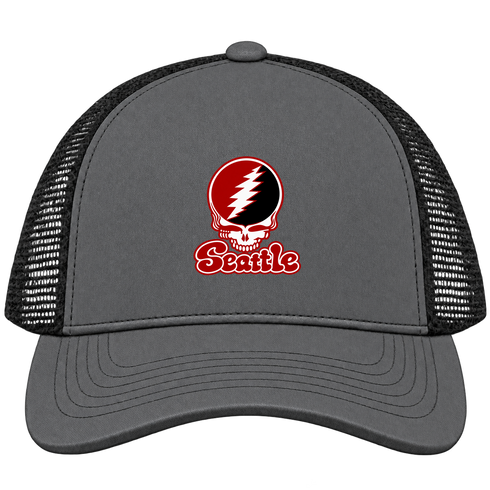 Seattle Stealie Premium Unisex Trucker Cap — Design: Seattle University — Charcoal/Black