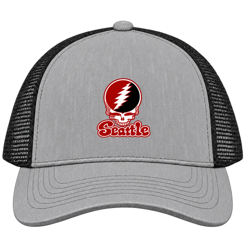 Seattle Stealie Premium Unisex Trucker Cap — Design: Seattle University — Heather Grey/Black