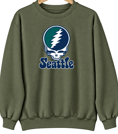 Seattle Baseball Stealie Grateful Dead Crewneck — Seattle Mariners — Military Green