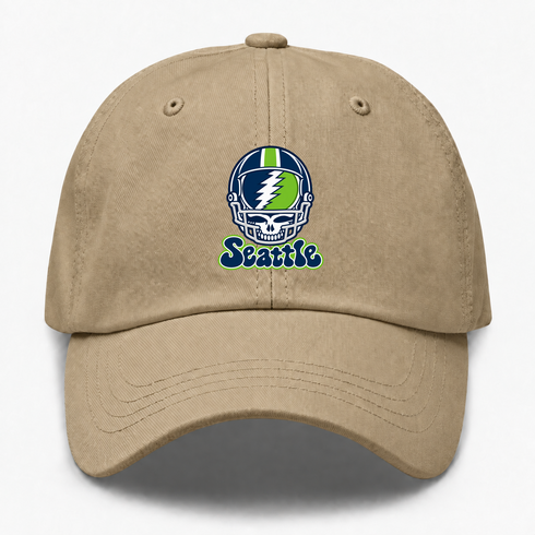 Seattle Helmet Stealie Premium Unisex Dad Hat — Seattle Seahawks — Khaki