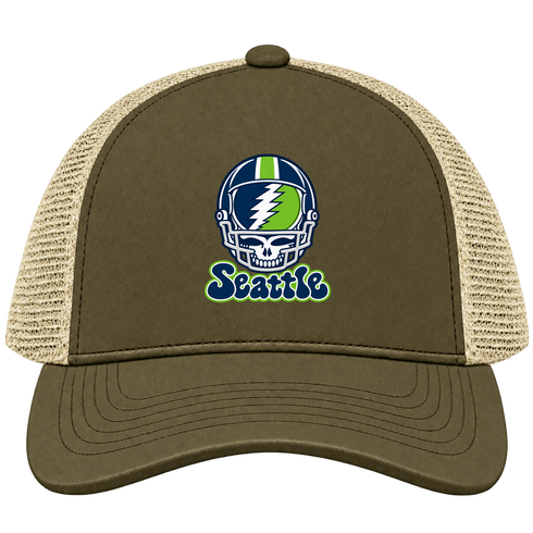 Seattle Helmet Stealie Premium Unisex Trucker Cap — Seattle Seahawks — Moss/Khaki