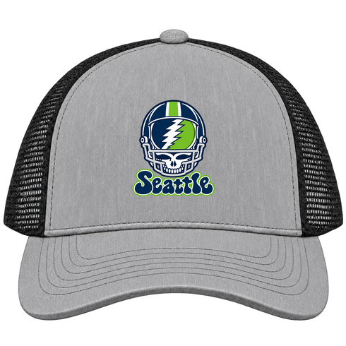 Seattle Helmet Stealie Premium Unisex Trucker Cap — Seattle Seahawks — Heather Grey/Black