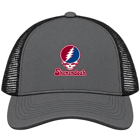 Shenandoah Stealie Premium Unisex Trucker Cap — Design: Shenandoah University — Charcoal/Black