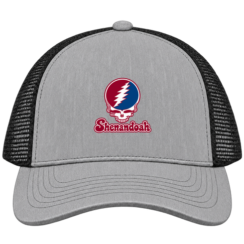 Shenandoah Stealie Premium Unisex Trucker Cap — Design: Shenandoah University — Heather Grey/Black
