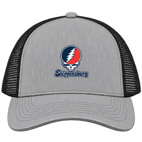 Shippensburg Stealie Premium Unisex Trucker Cap — Design: Shippensburg University (PASSHE) — Heather Grey/Black
