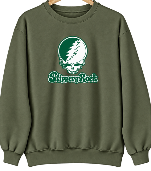 Slippery Rock Stealie Premium Unisex Crewneck — Design: Slippery Rock University (PASSHE) — Military Green