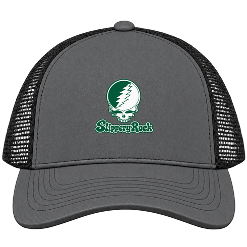 Slippery Rock Stealie Premium Unisex Trucker Cap — Design: Slippery Rock University (PASSHE) — Charcoal/Black