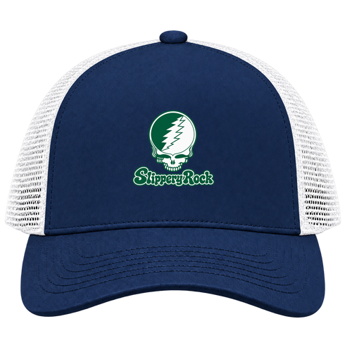 Slippery Rock Stealie Premium Unisex Trucker Cap — Design: Slippery Rock University (PASSHE) — Navy/White