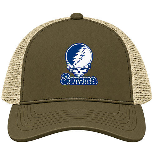 Sonoma State Stealie Premium Unisex Trucker Cap — Design: Sonoma State University — Moss/Khaki