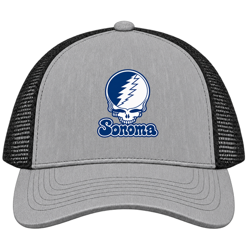 Sonoma State Stealie Premium Unisex Trucker Cap — Design: Sonoma State University — Heather Grey/Black
