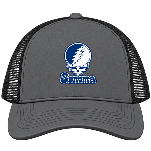 Sonoma State Stealie Premium Unisex Trucker Cap — Design: Sonoma State University — Charcoal/Black