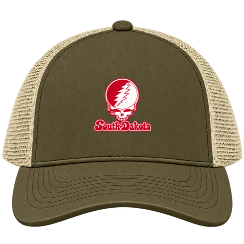 South Dakota Stealie Premium Unisex Trucker Cap — Design: South Dakota University of — Moss/Khaki
