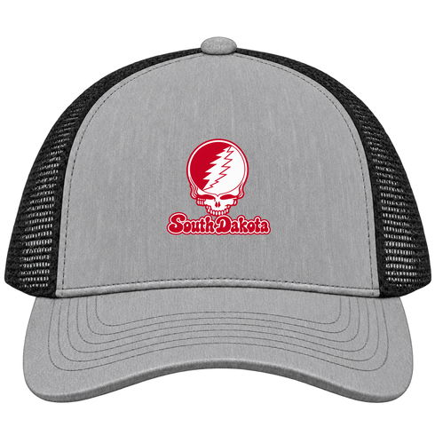 South Dakota Stealie Premium Unisex Trucker Cap — Design: South Dakota University of — Heather Grey/Black