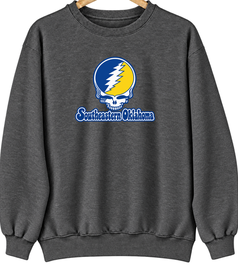 Southeastern Oklahoma Stealie Premium Unisex Crewneck — Design: Southeastern Oklahoma State University — Dark Heather