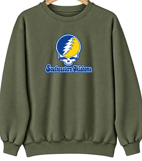Southeastern Oklahoma Stealie Premium Unisex Crewneck — Design: Southeastern Oklahoma State University — Military Green