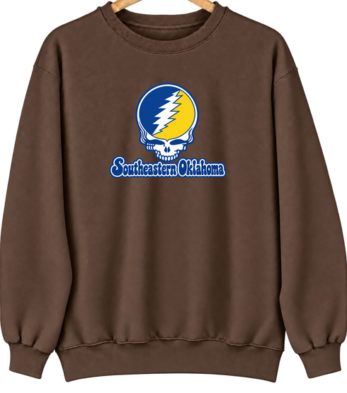 Southeastern Oklahoma Stealie Premium Unisex Crewneck — Design: Southeastern Oklahoma State University — Brown
