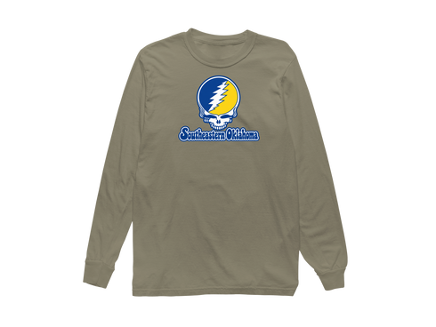 Southeastern Oklahoma Stealie Premium Unisex Long-Sleeve — Design: Southeastern Oklahoma State University — Sandstone