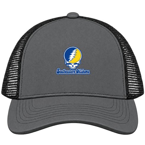 Southeastern Oklahoma Stealie Premium Unisex Trucker Cap — Design: Southeastern Oklahoma State University — Charcoal/Black