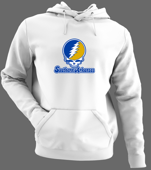 Southern Arkansas Stealie Premium Unisex Hoodie — Design: Southern Arkansas University — White/Grey