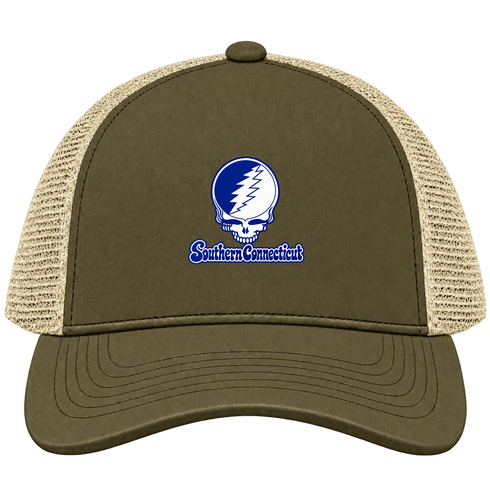 Southern Connecticut Stealie Premium Unisex Trucker Cap — Design: Southern Connecticut State University — Moss/Khaki