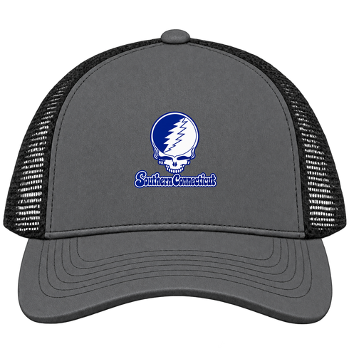 Southern Connecticut Stealie Premium Unisex Trucker Cap — Design: Southern Connecticut State University — Charcoal/Black
