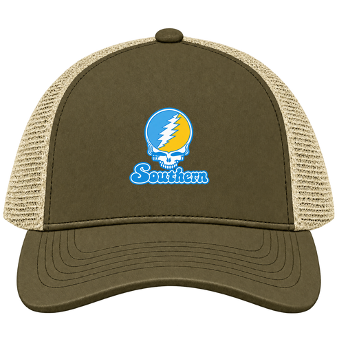 Southern Stealie Premium Unisex Trucker Cap — Design: Southern University — Moss/Khaki