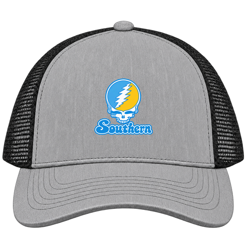 Southern Stealie Premium Unisex Trucker Cap — Design: Southern University — Heather Grey/Black