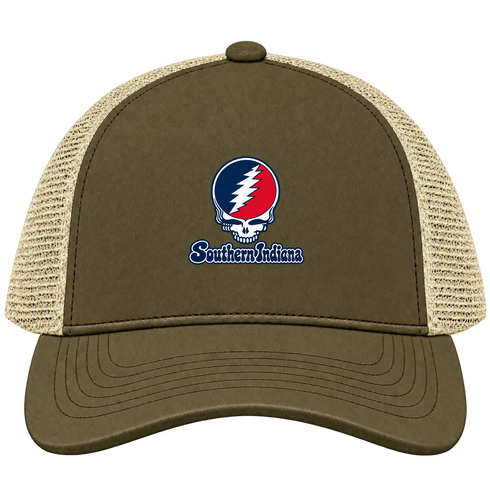 Southern Indiana Stealie Premium Unisex Trucker Cap — Design: Southern Indiana University of — Moss/Khaki