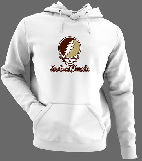 Southwest Minnesota Stealie Premium Unisex Hoodie — Design: Southwest Minnesota State University — White/Grey