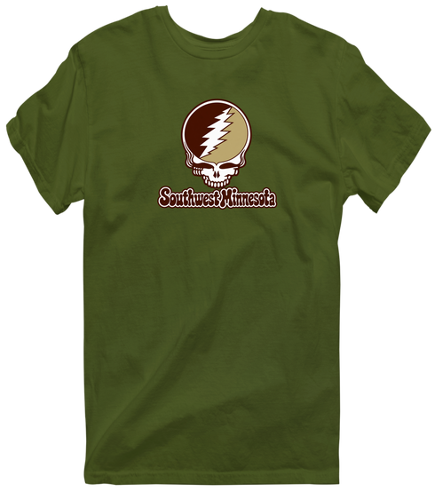 Southwest Minnesota Stealie Premium Unisex T-Shirt — Design: Southwest Minnesota State University — Military Green