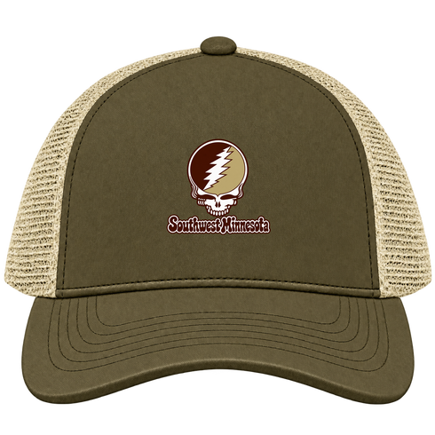 Southwest Minnesota Stealie Premium Unisex Trucker Cap — Design: Southwest Minnesota State University — Moss/Khaki
