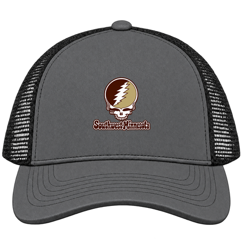 Southwest Minnesota Stealie Premium Unisex Trucker Cap — Design: Southwest Minnesota State University — Charcoal/Black
