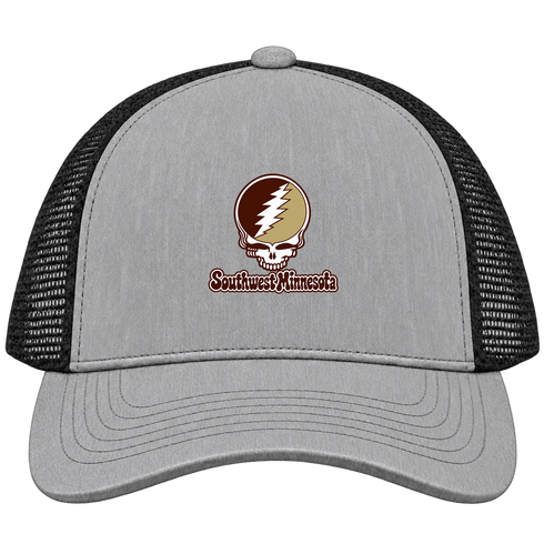 Southwest Minnesota Stealie Premium Unisex Trucker Cap — Design: Southwest Minnesota State University — Heather Grey/Black