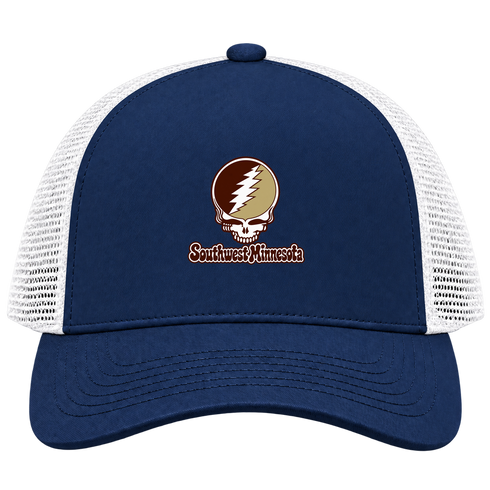 Southwest Minnesota Stealie Premium Unisex Trucker Cap — Design: Southwest Minnesota State University — Navy/White